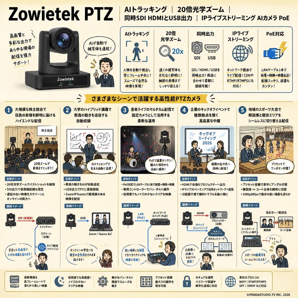 Zowietek PTZ｜AIトラッキング｜| 20倍光学ズーム | 同時SDI HDMIとUSB出力 | IPライブストリーミング  AIカメラ PoE 用途
