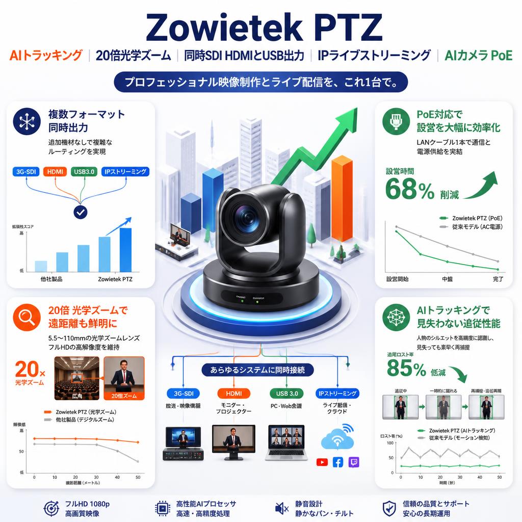 Zowietek PTZ｜AIトラッキング｜| 20倍光学ズーム | 同時SDI HDMIとUSB出力 | IPライブストリーミング  AIカメラ PoE セールスポイント