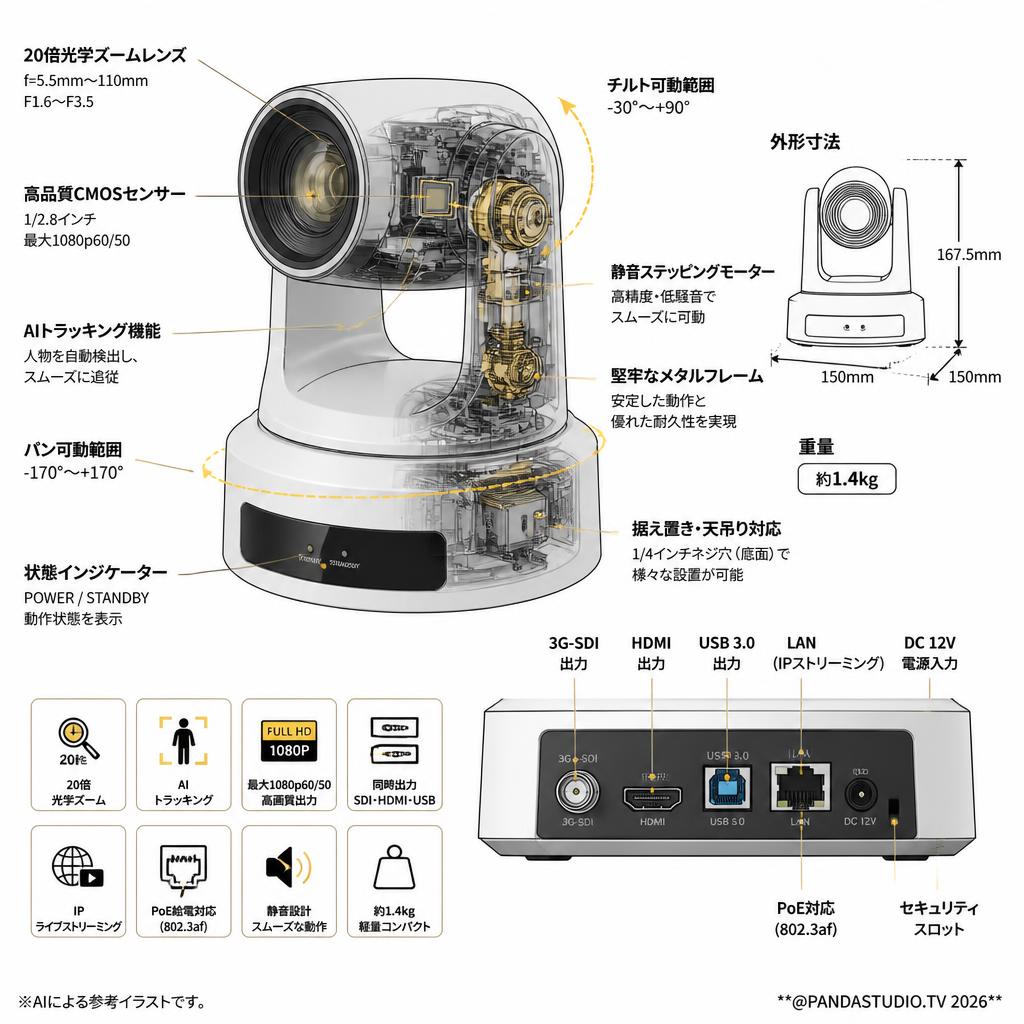 Zowietek PTZ｜AIトラッキング｜| 20倍光学ズーム | 同時SDI HDMIとUSB出力 | IPライブストリーミング  AIカメラ PoE スペック