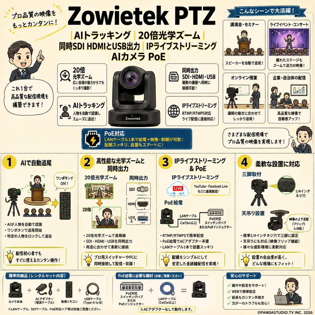 Zowietek PTZ｜AIトラッキング｜| 20倍光学ズーム | 同時SDI HDMIとUSB出力 | IPライブストリーミング  AIカメラ PoE FAQ（よくある質問と答え）