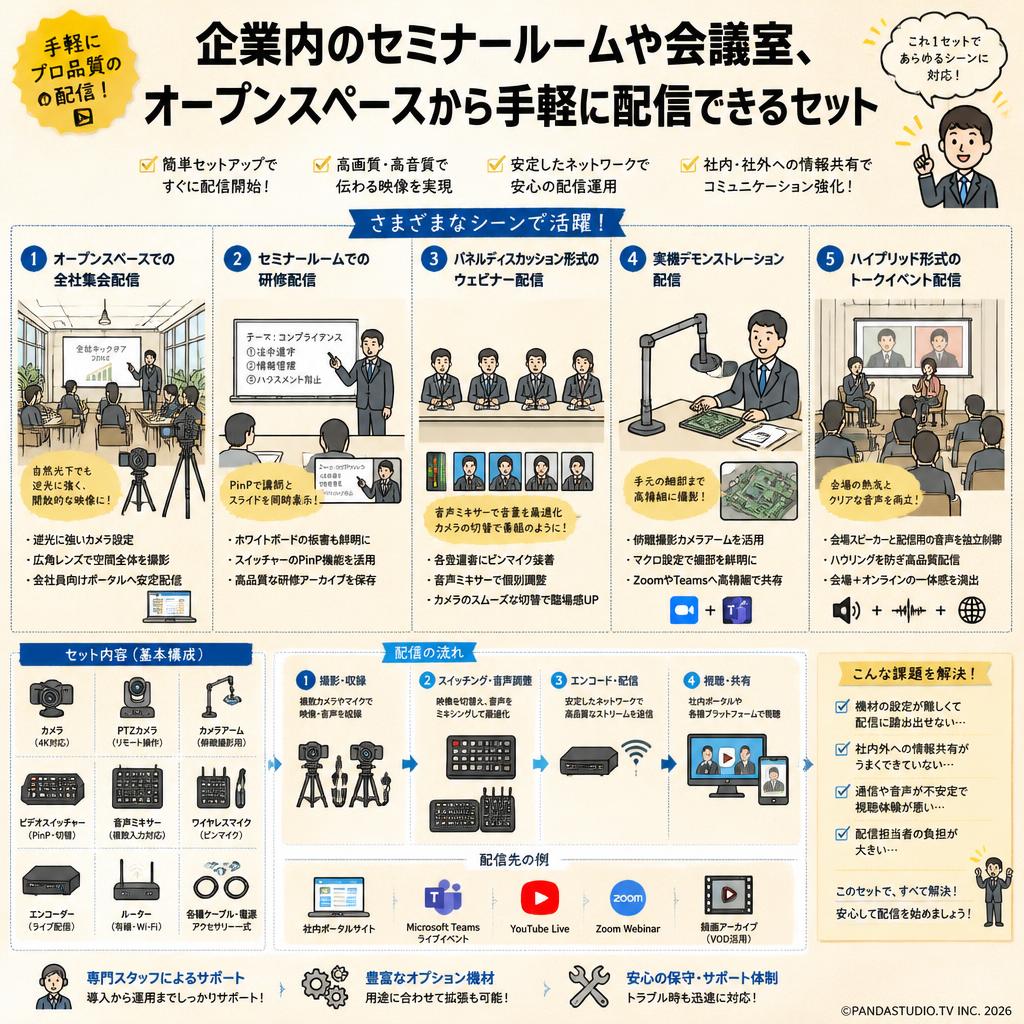 企業内のセミナールームや会議室、オープンスペースから手軽に配信できるセット 用途