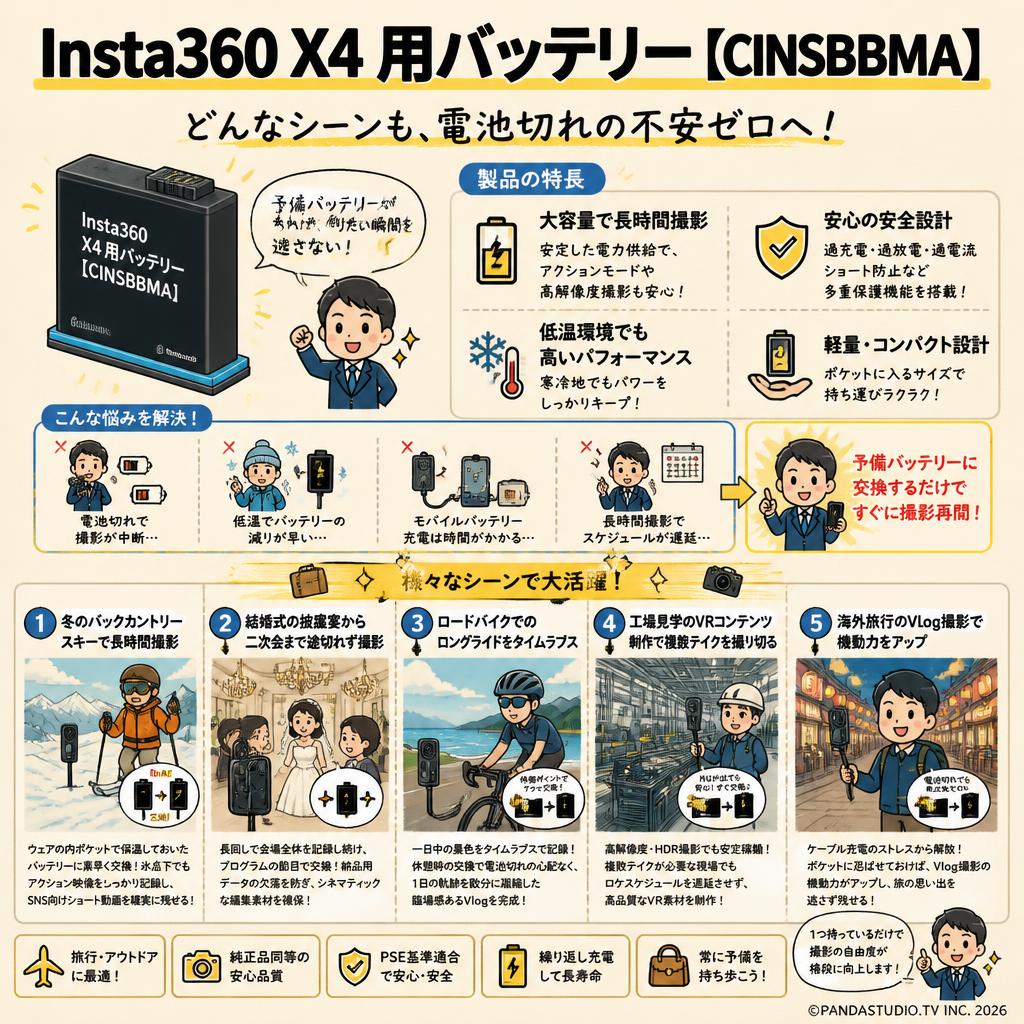 Insta360 X4 用バッテリー【CINSBBMA】 用途