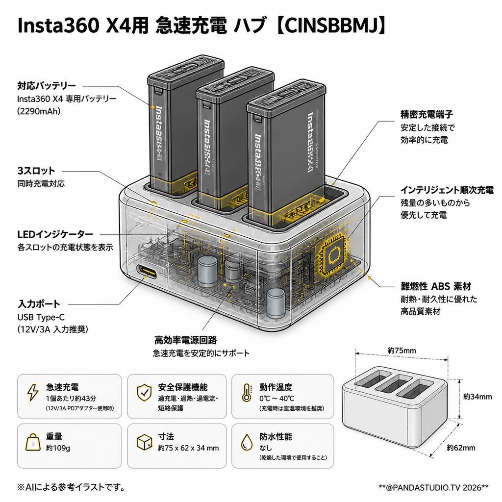 Insta360 X4用 急速充電 ハブ【CINSBBMJ】 スペック