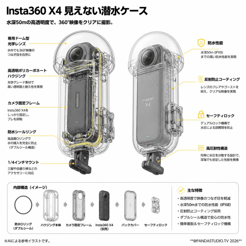 Insta360 X4 見えない潜水ケース スペック
