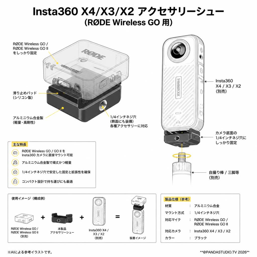 Insta360 X4/X3/X2 アクセサリーシュー(RØDE Wireless GO 用) スペック