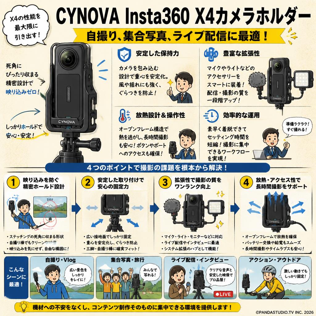 CYNOVA Insta360 X4カメラホルダー：自撮り、集合写真、ライブ配信に最適 概要
