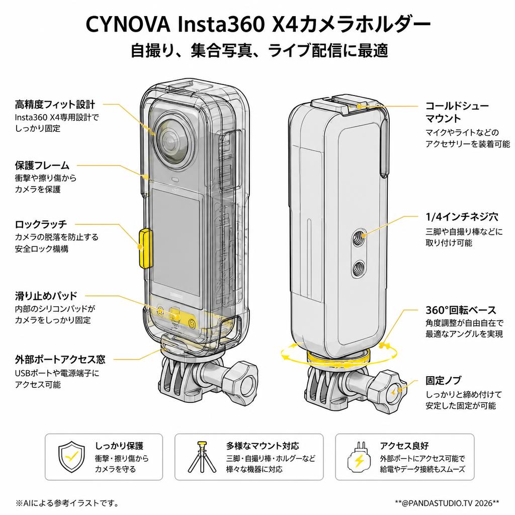 CYNOVA Insta360 X4カメラホルダー：自撮り、集合写真、ライブ配信に最適 スペック