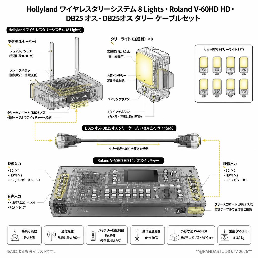 Hollyland ワイヤレスタリーシステム 8 Lights・Roland V-60HD HD ・DB25 オス-DB25オス タリー ケーブルセット スペック