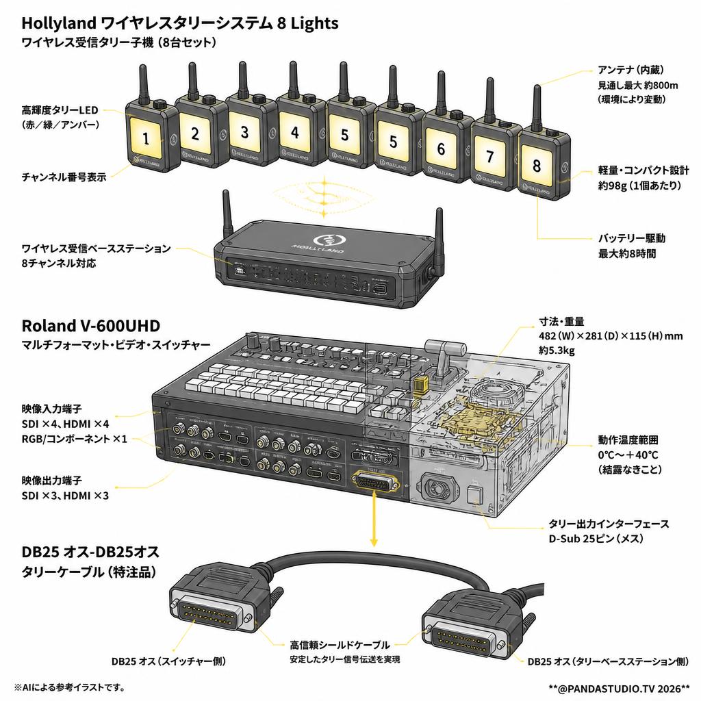 Hollyland ワイヤレスタリーシステム8 Lights・Roland V-600UHD・ DB25 オス-DB25オス タリー ケーブルセット スペック