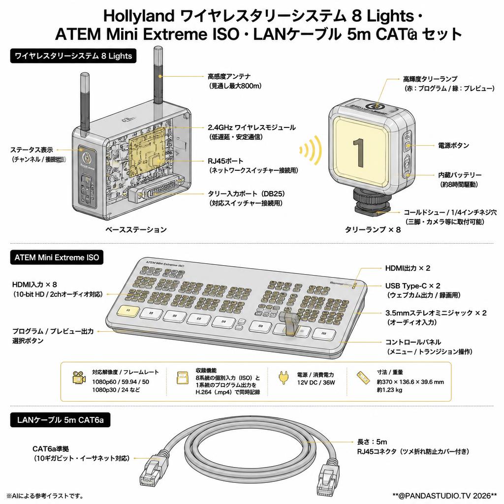 Hollyland ワイヤレスタリーシステム 8 Lights・ATEM Mini Extreme ISO・LANケーブル 5m CAT6a セット スペック
