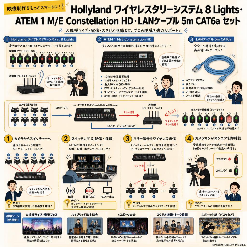 Hollyland ワイヤレスタリーシステム 8 Lights・ATEM 1 M/E Constellation HD・LANケーブル 5m CAT6a セット 用途