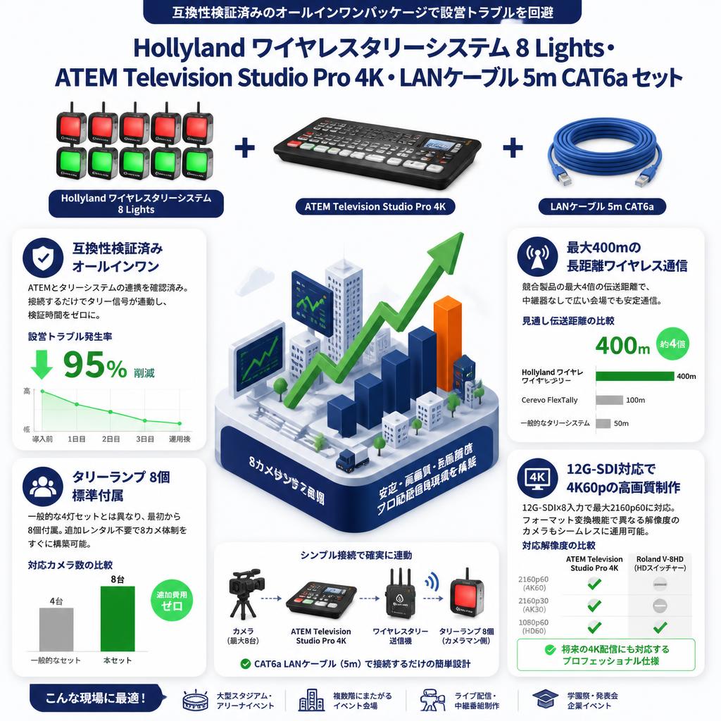 Hollyland ワイヤレスタリーシステム 8 Lights・ATEM Television Studio Pro 4K・LANケーブル 5m CAT6a セット セールスポイント
