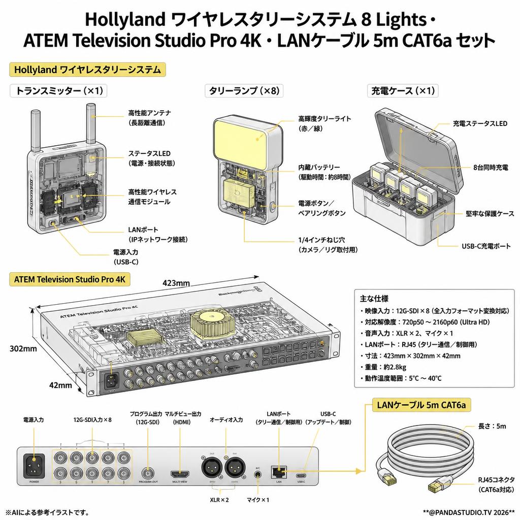 Hollyland ワイヤレスタリーシステム 8 Lights・ATEM Television Studio Pro 4K・LANケーブル 5m CAT6a セット スペック