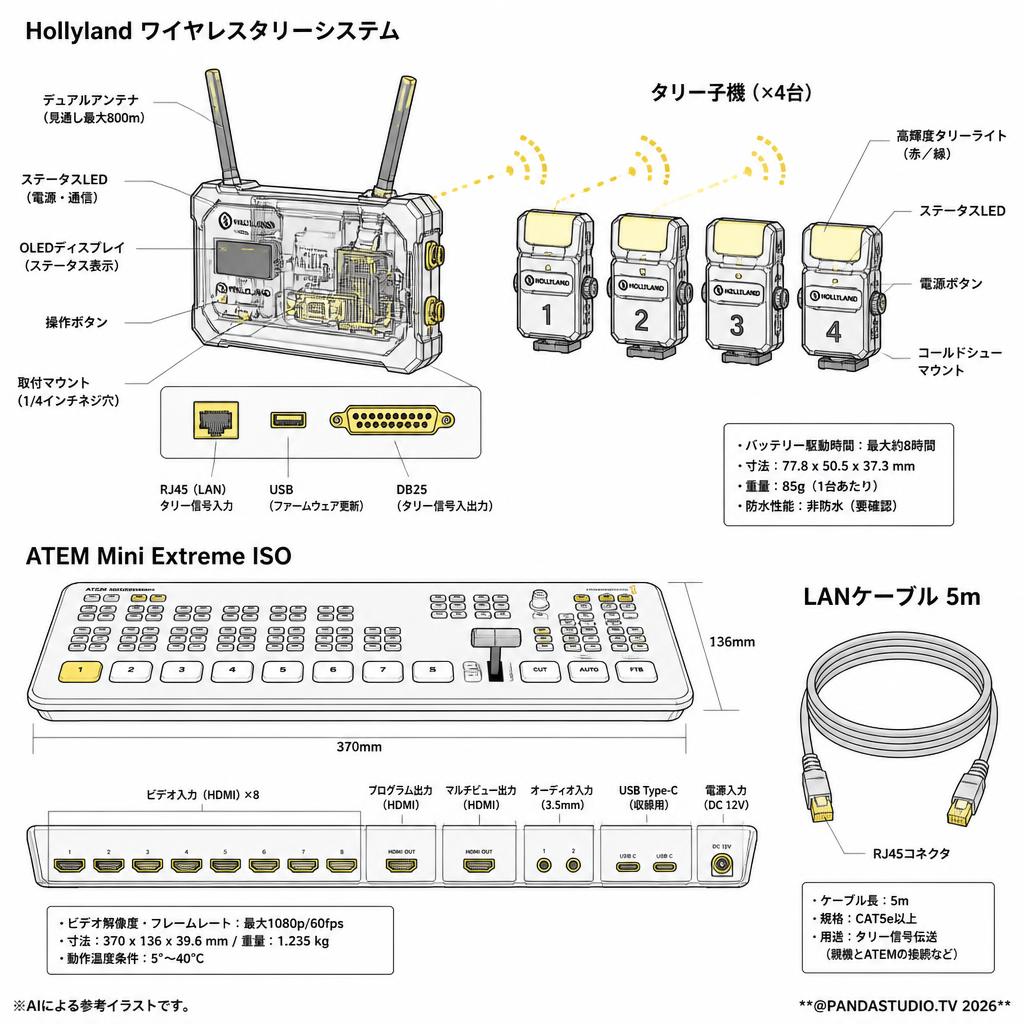 Hollyland ワイヤレスタリーシステム -4 Lights・ATEM Mini Extreme ISO・LANケーブル 5m セット スペック
