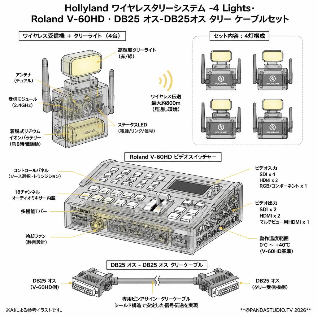Hollyland ワイヤレスタリーシステム -4 Lights・Roland V-60HD・DB25 オス-DB25オス タリー ケーブルセット スペック