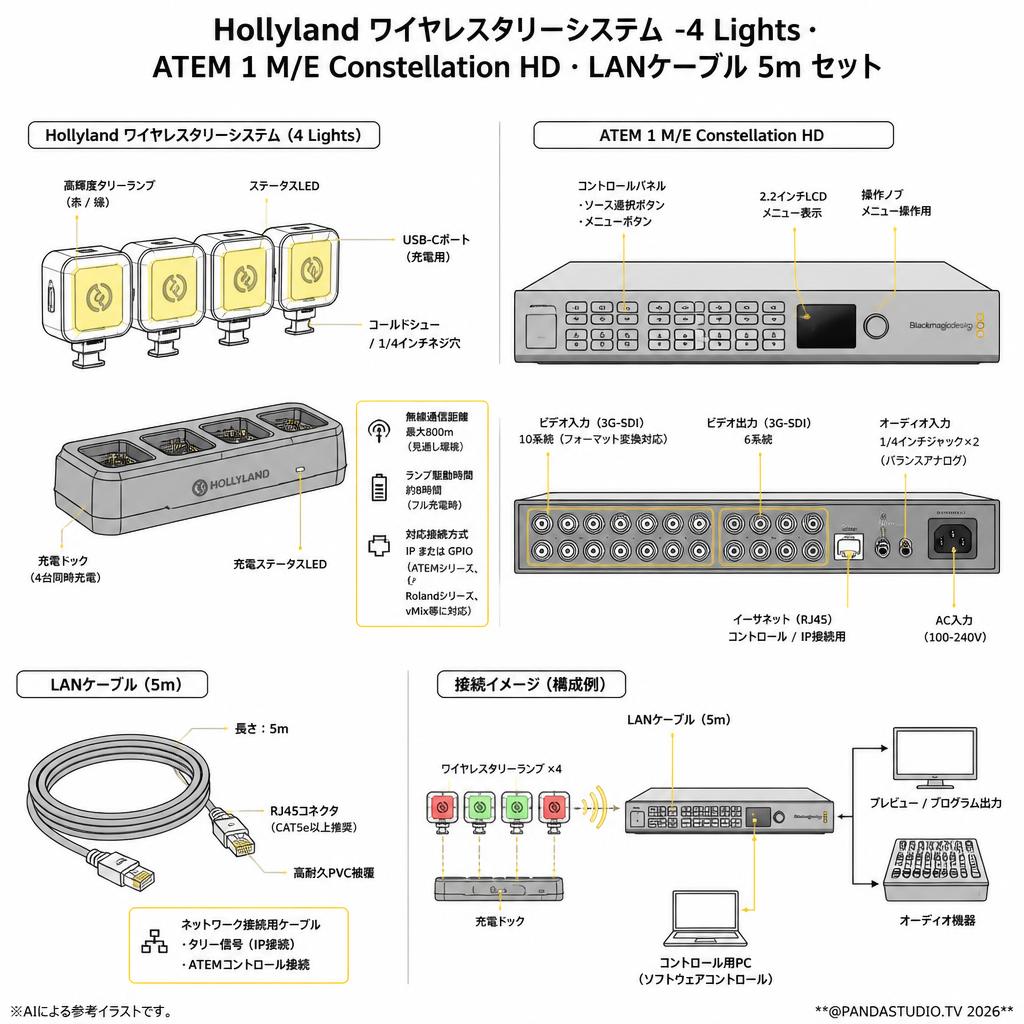 Hollyland ワイヤレスタリーシステム -4 Lights・ ATEM 1 M/E Constellation HD・LANケーブル 5m セット スペック