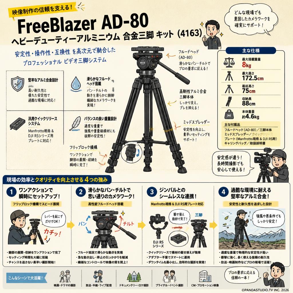 FreeBlazer AD-80 ヘビーデューティーアルミニウム 合金三脚 キット (4163) 概要