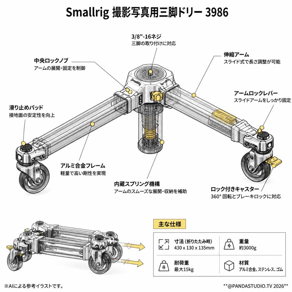 Smallrig 撮影写真用三脚ドリー 3986 スペック