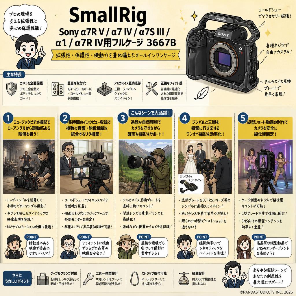 SmallRig Sony α7R V / α7 IV / α7S III / α1 / α7R IV用フルケージ 3667B 用途