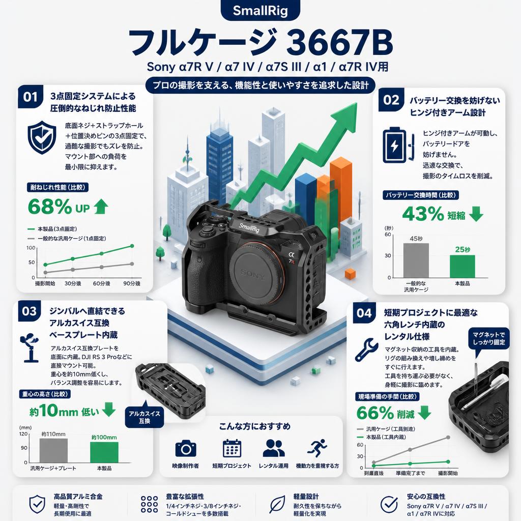 SmallRig Sony α7R V / α7 IV / α7S III / α1 / α7R IV用フルケージ 3667B セールスポイント