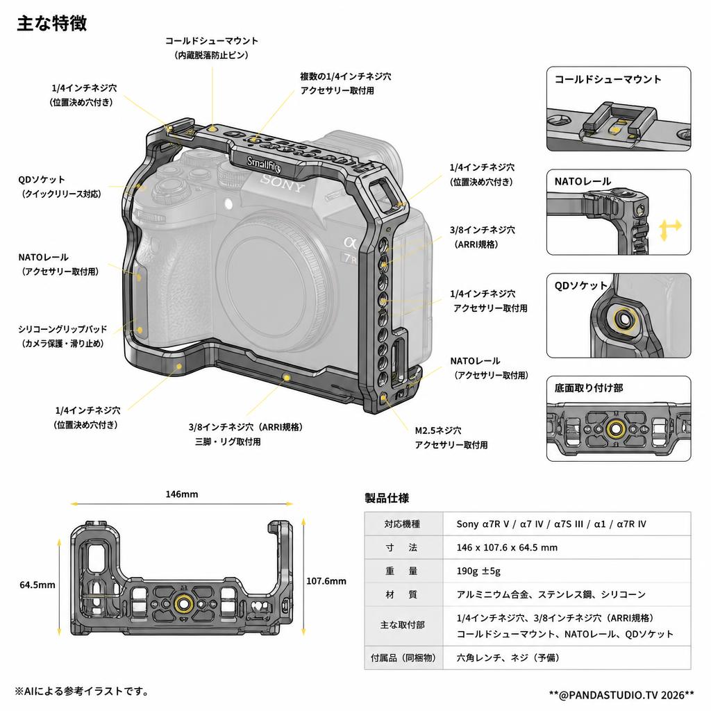SmallRig Sony α7R V / α7 IV / α7S III / α1 / α7R IV用フルケージ 3667B スペック