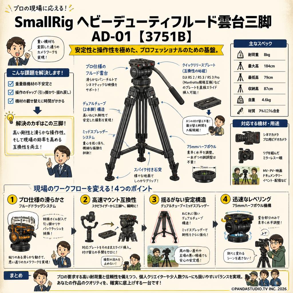 SmallRig ヘビーデューティフルード雲台三脚 AD-01 【3751B】 概要