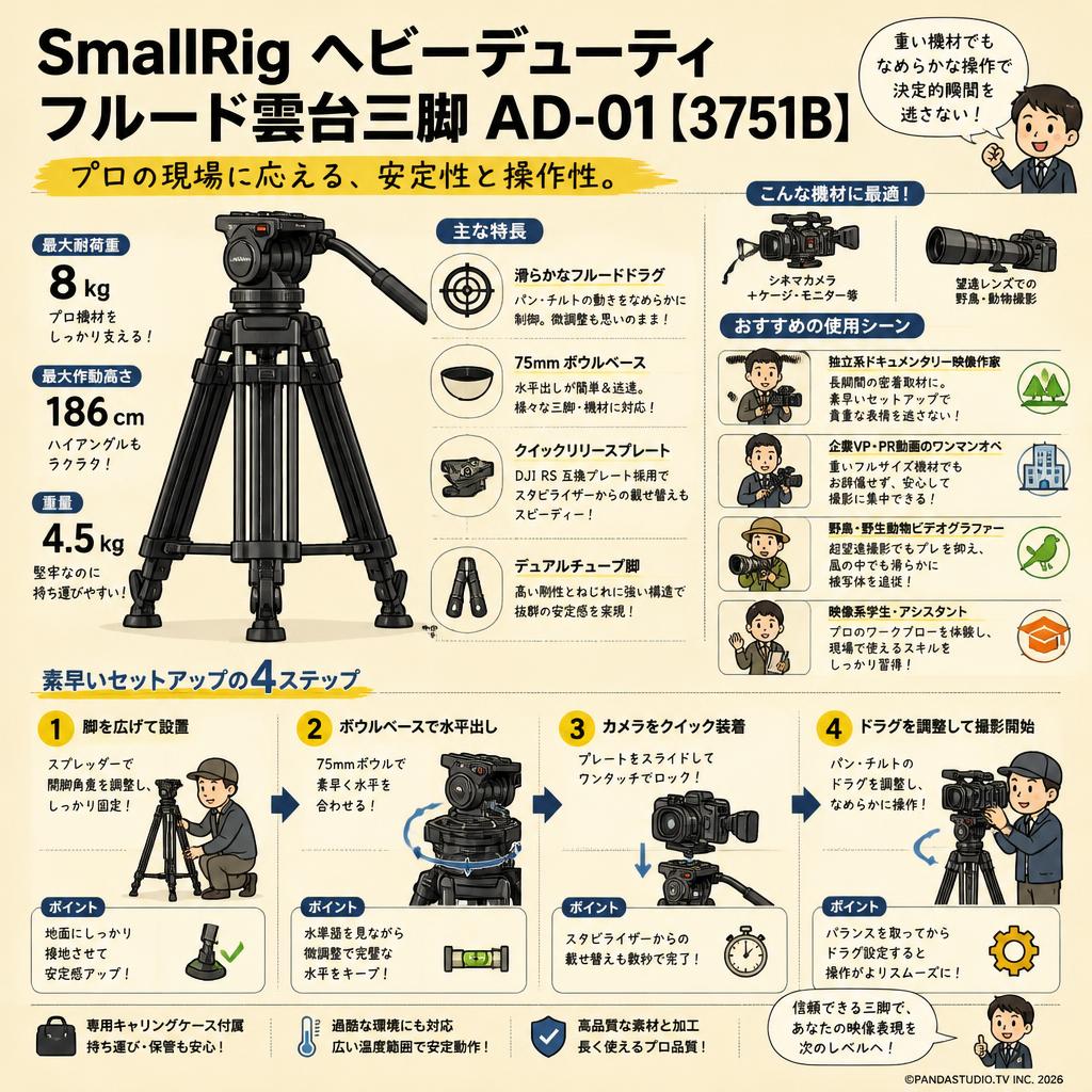 SmallRig ヘビーデューティフルード雲台三脚 AD-01 【3751B】 おもな対象のお客様