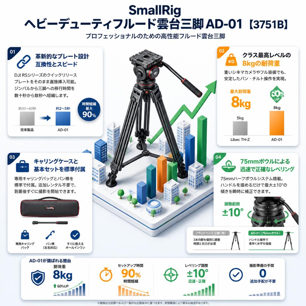 SmallRig ヘビーデューティフルード雲台三脚 AD-01 【3751B】 セールスポイント