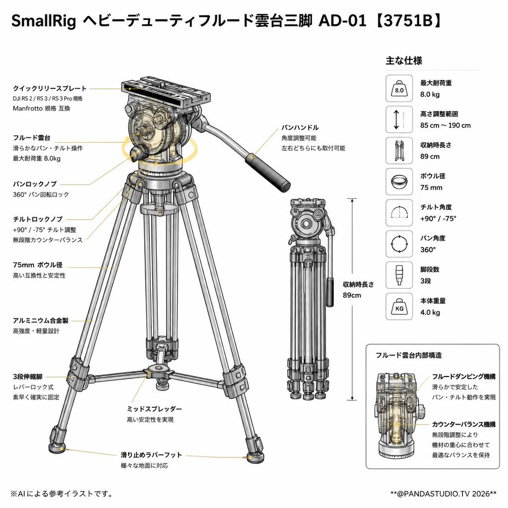 SmallRig ヘビーデューティフルード雲台三脚 AD-01 【3751B】 スペック