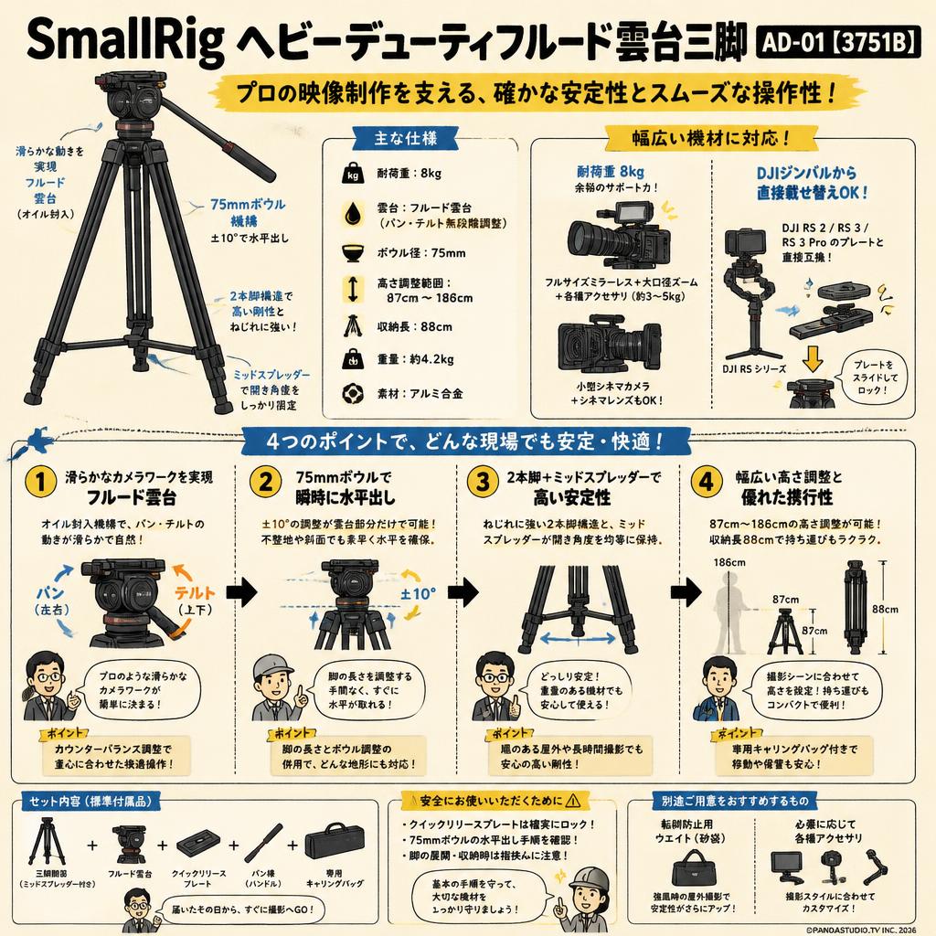 SmallRig ヘビーデューティフルード雲台三脚 AD-01 【3751B】 FAQ（よくある質問と答え）