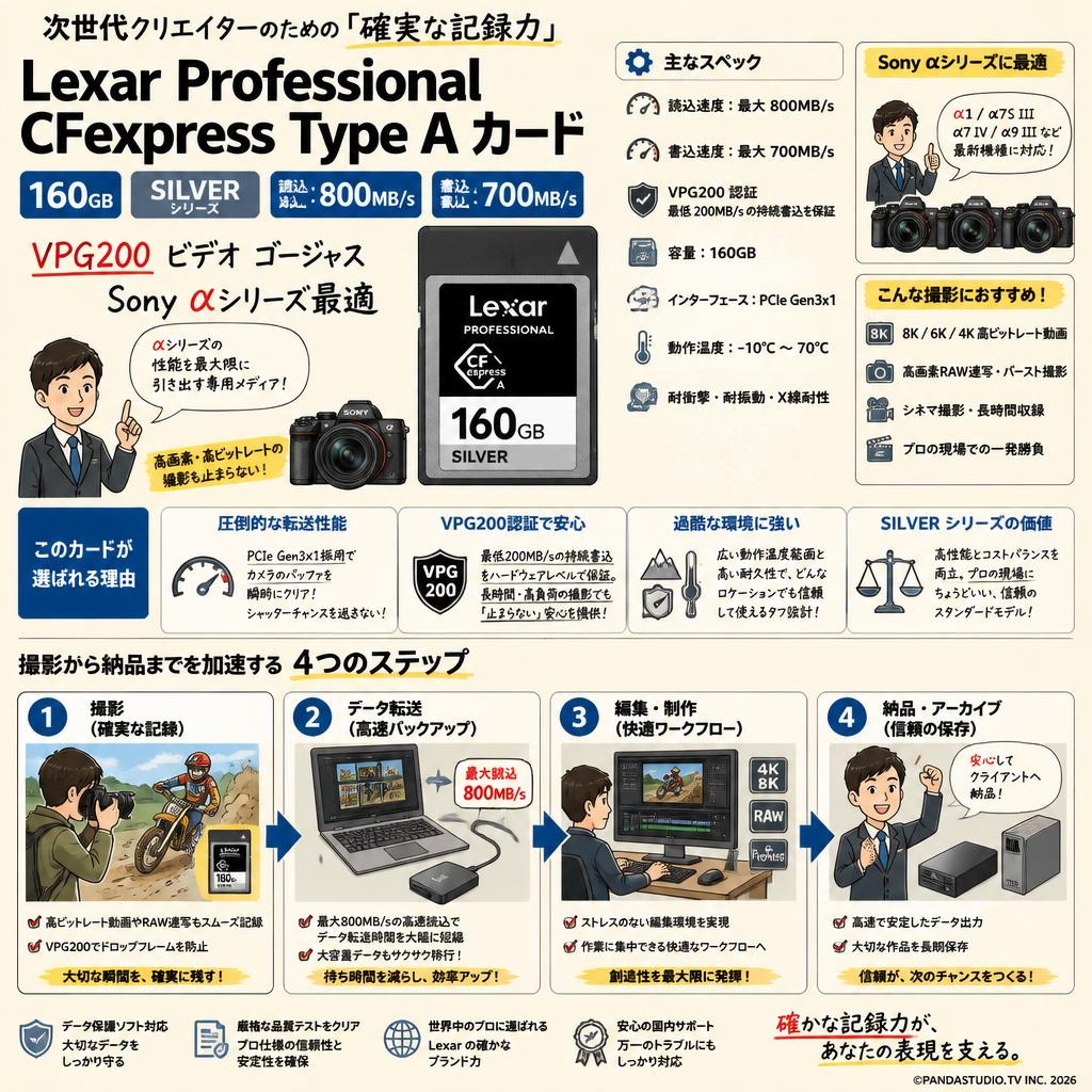 Lexar Professional CFexpress Type A カード160GB SILVER シリーズ 読込：800MB/s  書込：700MB/s VPG200 ビデオ ゴージャス Sony αシリーズ最適 概要