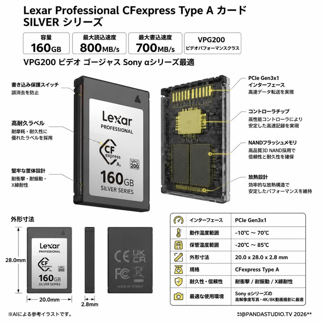 Lexar Professional CFexpress Type A カード160GB SILVER シリーズ 読込：800MB/s  書込：700MB/s VPG200 ビデオ ゴージャス Sony αシリーズ最適 スペック