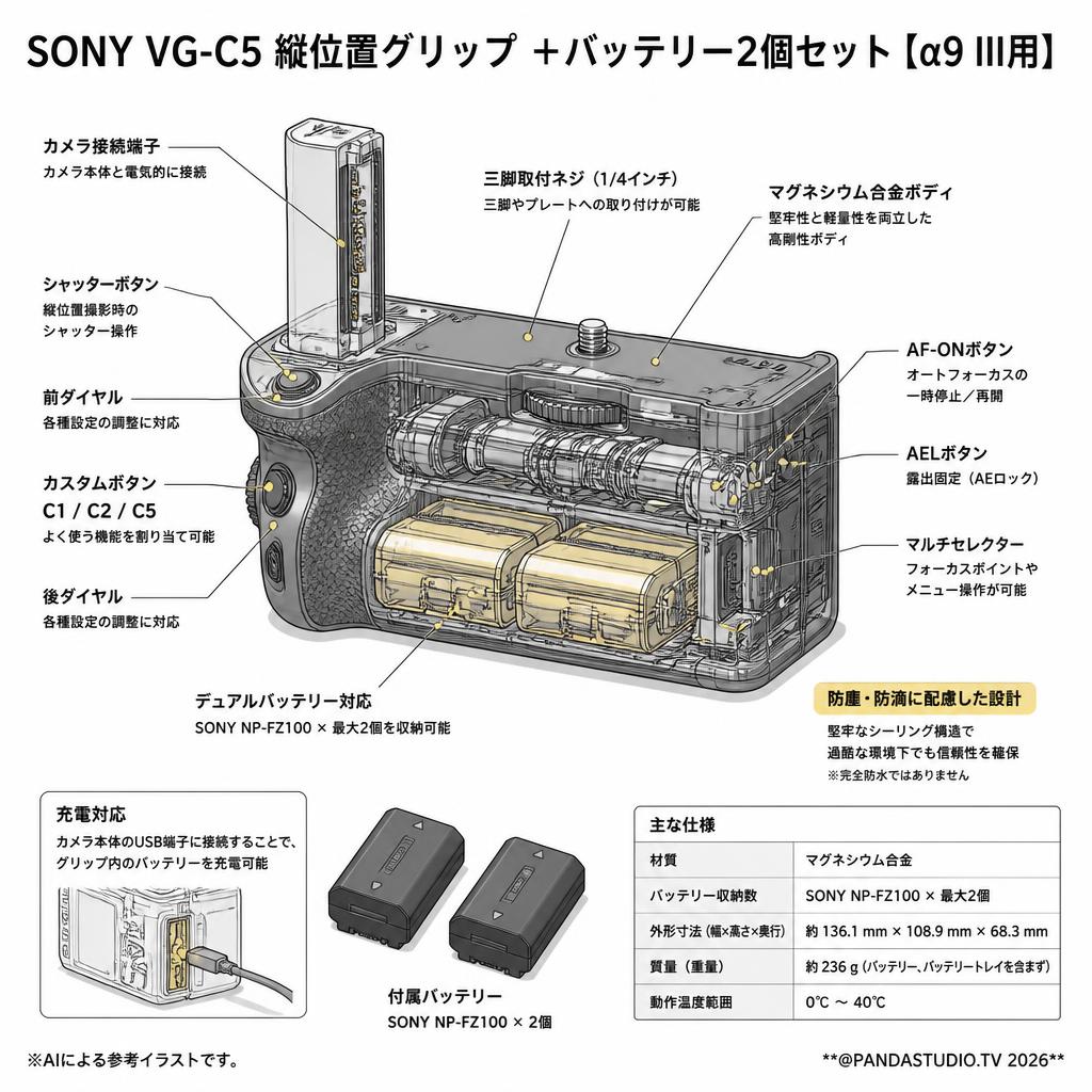 SONY VG-C5 縦位置グリップ ＋バッテリー2個セット【α9 III用】 スペック