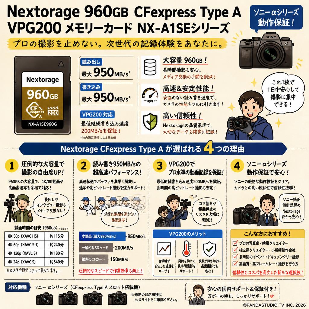 Nextorage 960GB CFexpress Type A VPG200 メモリーカード NX-A1SEシリーズ 読み：950MB/s 書き：950MB/s NX-A1SE960G/INE ソニー αシリーズ動作保証 概要