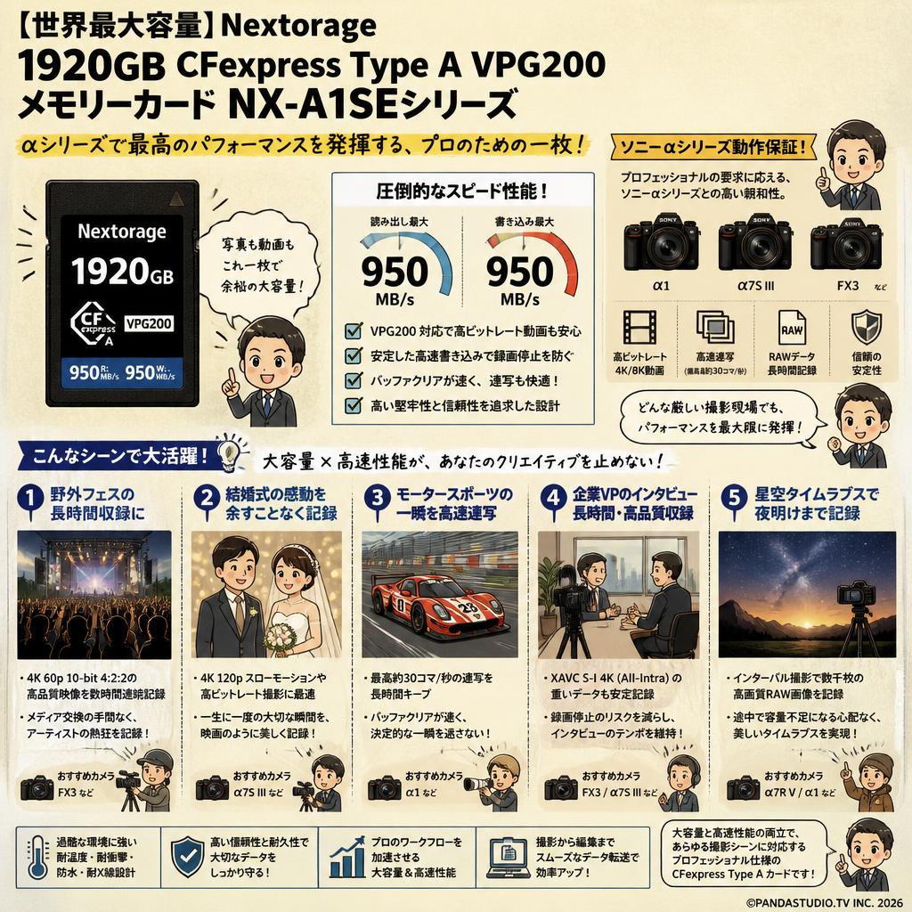 【世界最大容量】Nextorage 1920GB CFexpress Type A VPG200 メモリーカード NX-A1SEシリーズ 読み：950MB/s 書き：950MB/s NX-A1SE1920G/INE ソニー αシリーズ動作保証 用途