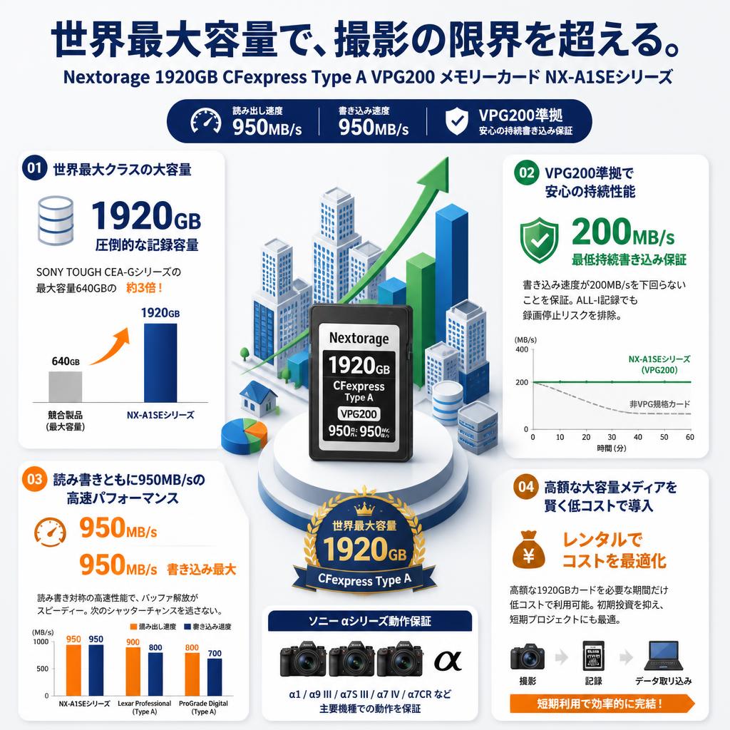 【世界最大容量】Nextorage 1920GB CFexpress Type A VPG200 メモリーカード NX-A1SEシリーズ 読み：950MB/s 書き：950MB/s NX-A1SE1920G/INE ソニー αシリーズ動作保証 セールスポイント