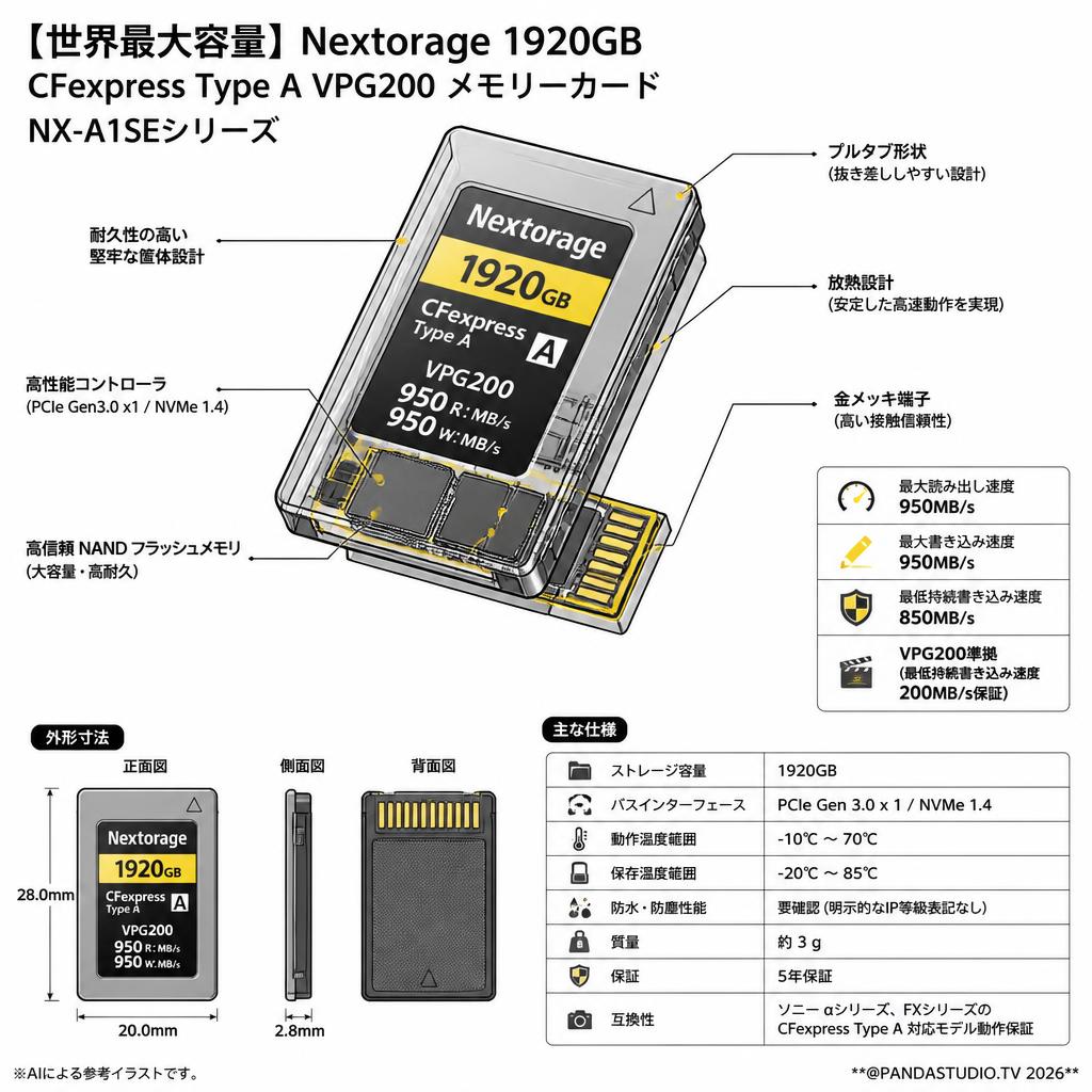 【世界最大容量】Nextorage 1920GB CFexpress Type A VPG200 メモリーカード NX-A1SEシリーズ 読み：950MB/s 書き：950MB/s NX-A1SE1920G/INE ソニー αシリーズ動作保証 スペック