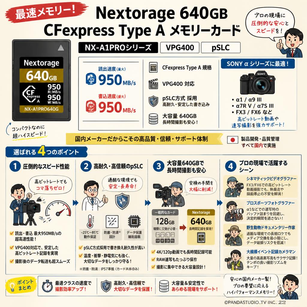 【最速メモリー】Nextorage  640GB CFexpress Type A VPG400 pSLC メモリーカード NX-A1PROシリーズ 読出：950MB/s 書込：950MB/s SONY α 最適 NX-A1PRO640G/INE　国内メーカー おもな対象のお客様