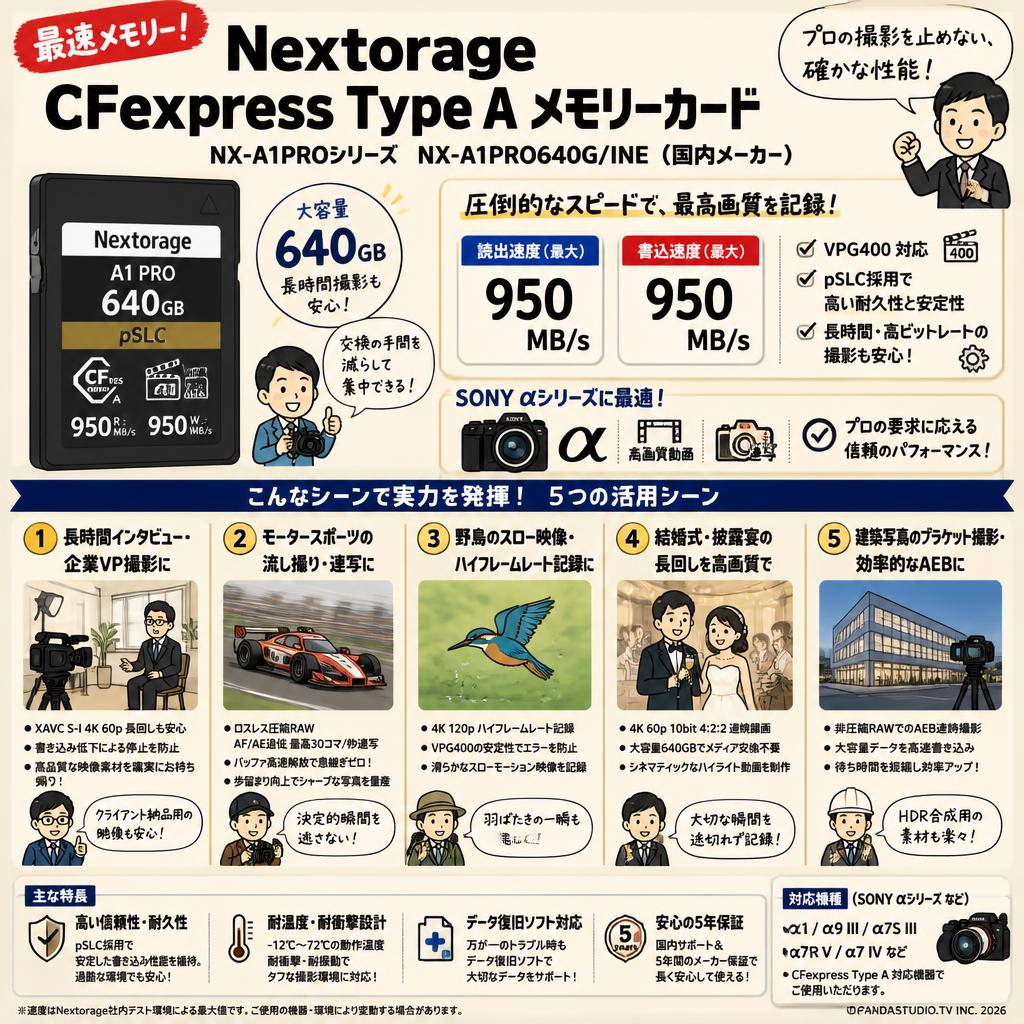 【最速メモリー】Nextorage  640GB CFexpress Type A VPG400 pSLC メモリーカード NX-A1PROシリーズ 読出：950MB/s 書込：950MB/s SONY α 最適 NX-A1PRO640G/INE　国内メーカー 用途