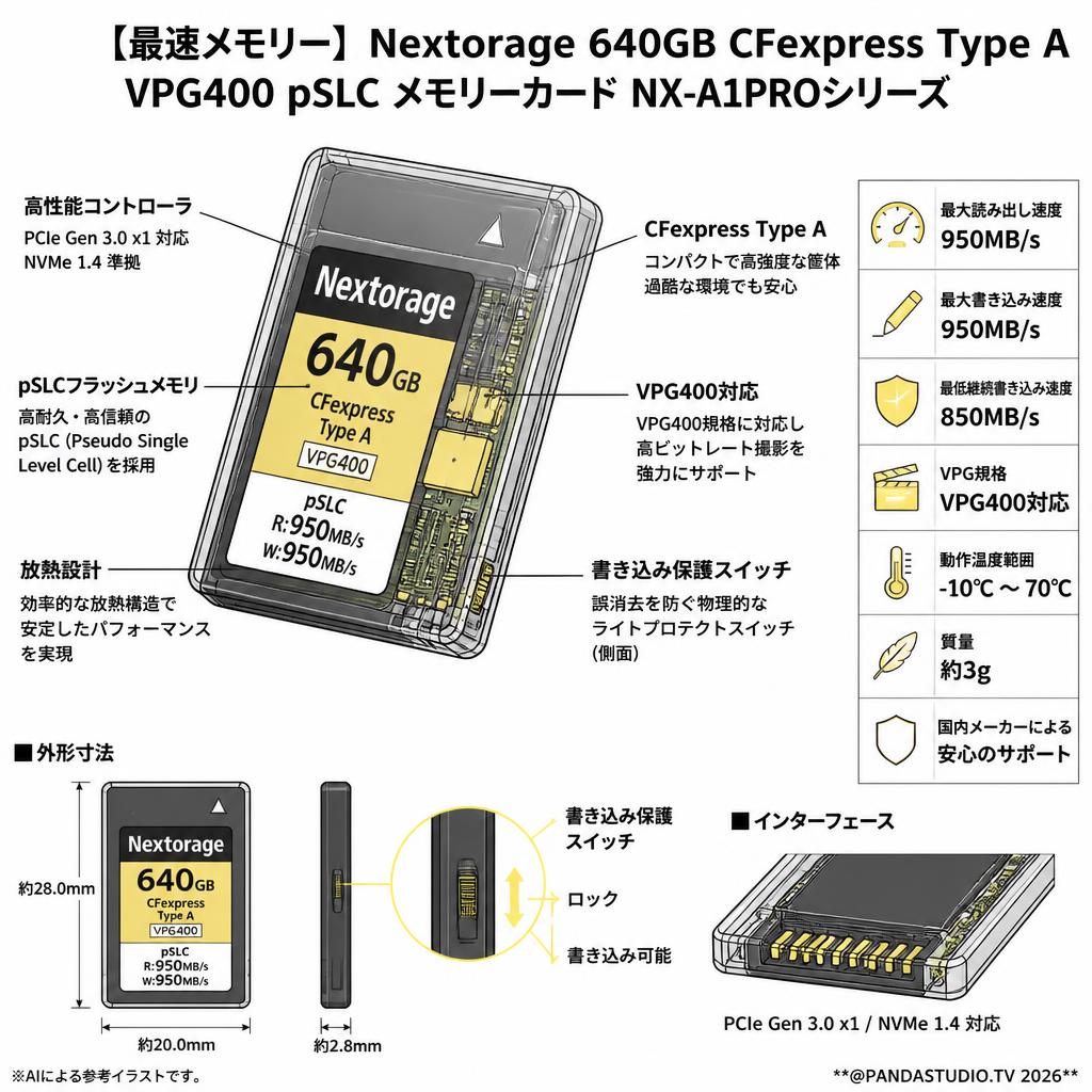 【最速メモリー】Nextorage  640GB CFexpress Type A VPG400 pSLC メモリーカード NX-A1PROシリーズ 読出：950MB/s 書込：950MB/s SONY α 最適 NX-A1PRO640G/INE　国内メーカー スペック