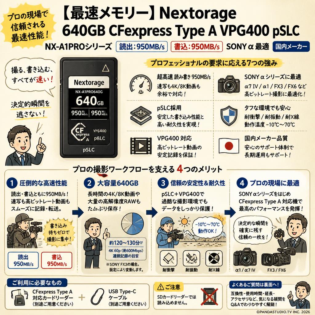 【最速メモリー】Nextorage  640GB CFexpress Type A VPG400 pSLC メモリーカード NX-A1PROシリーズ 読出：950MB/s 書込：950MB/s SONY α 最適 NX-A1PRO640G/INE　国内メーカー FAQ（よくある質問と答え）