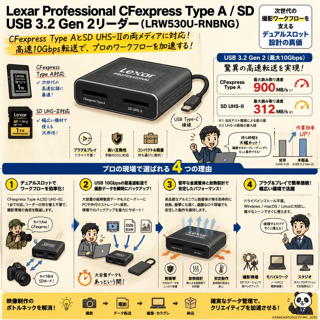 Lexar Professional CFexpress Type A / SD USB 3.2 Gen 2リーダー、CFexpress Type AおよびSD UHS-IIカード用に最適化設計で高速USB 10Gbps転送速度(LRW530U-RNBNG)。 概要