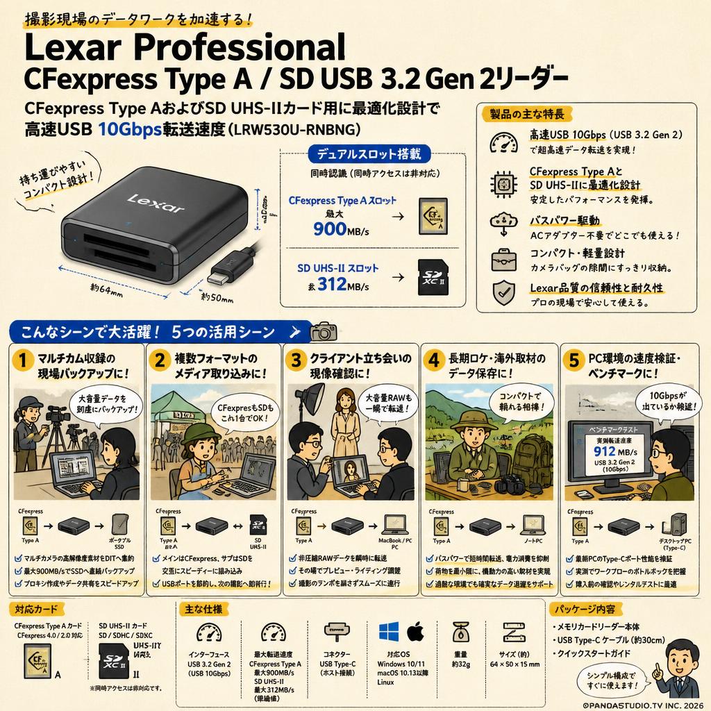 Lexar Professional CFexpress Type A / SD USB 3.2 Gen 2リーダー、CFexpress Type AおよびSD UHS-IIカード用に最適化設計で高速USB 10Gbps転送速度(LRW530U-RNBNG)。 用途