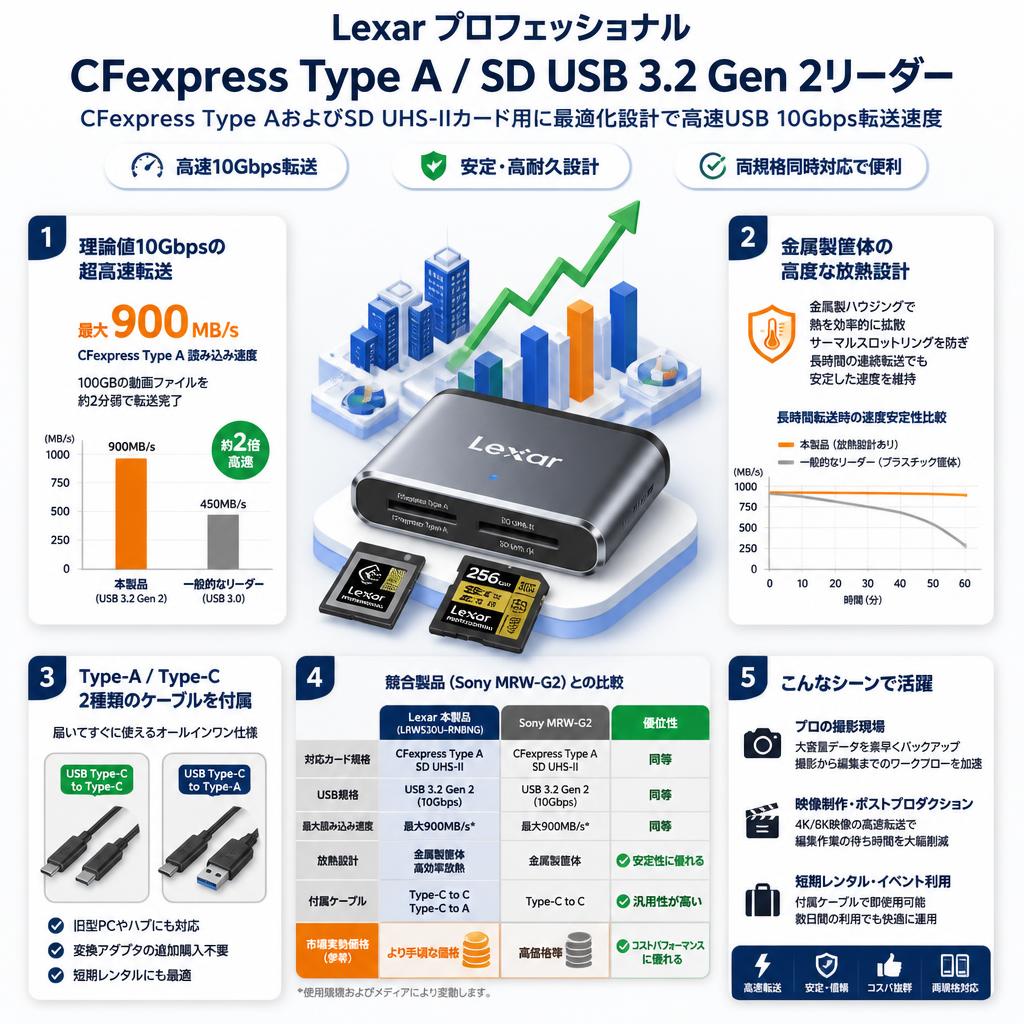 Lexar Professional CFexpress Type A / SD USB 3.2 Gen 2リーダー、CFexpress Type AおよびSD UHS-IIカード用に最適化設計で高速USB 10Gbps転送速度(LRW530U-RNBNG)。 セールスポイント