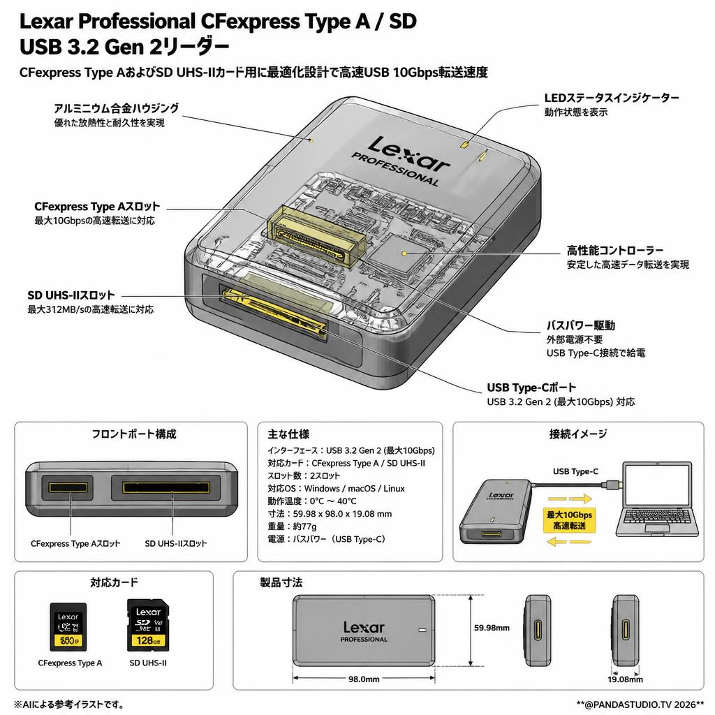 Lexar Professional CFexpress Type A / SD USB 3.2 Gen 2リーダー、CFexpress Type AおよびSD UHS-IIカード用に最適化設計で高速USB 10Gbps転送速度(LRW530U-RNBNG)。 スペック