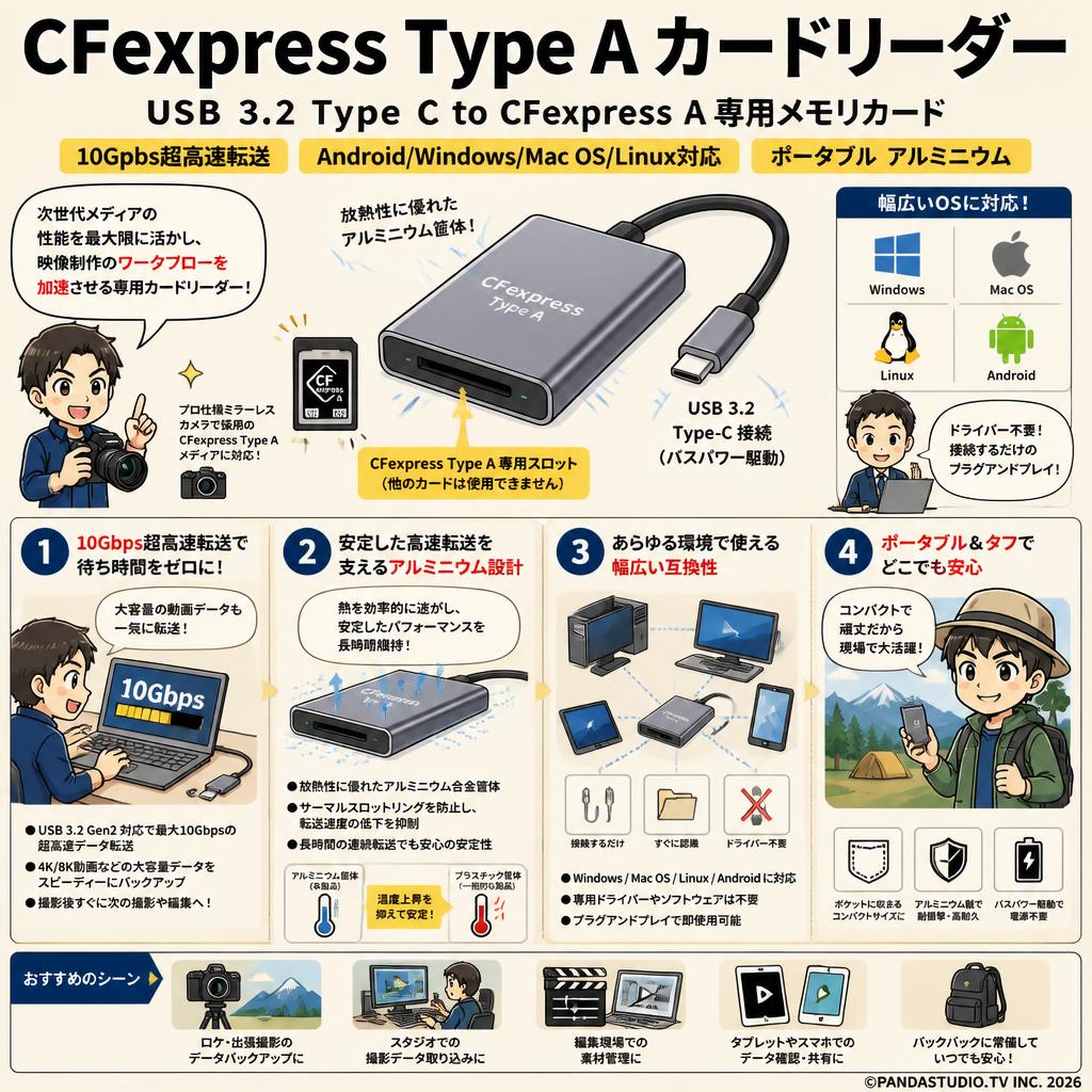 CFexpress Type A カードリーダー USB 3.2 Type C to CFexpress A 専用メモリカード 10Gpbs Android/Windows/Mac OS/Linux対応 ポータブル アルミニウム 概要