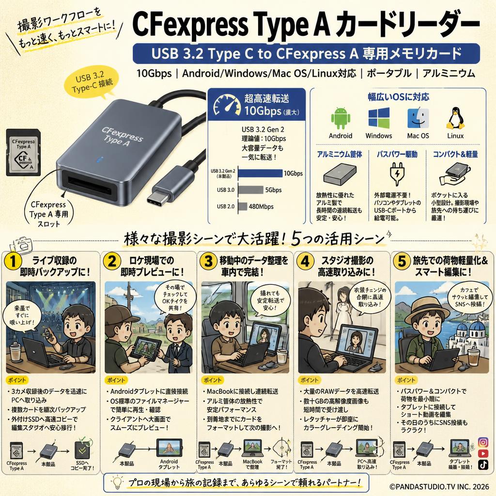 CFexpress Type A カードリーダー USB 3.2 Type C to CFexpress A 専用メモリカード 10Gpbs Android/Windows/Mac OS/Linux対応 ポータブル アルミニウム 用途