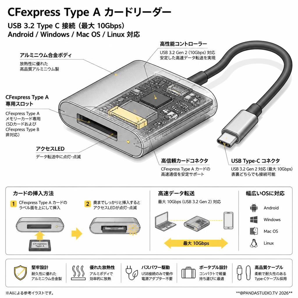 CFexpress Type A カードリーダー USB 3.2 Type C to CFexpress A 専用メモリカード 10Gpbs Android/Windows/Mac OS/Linux対応 ポータブル アルミニウム スペック