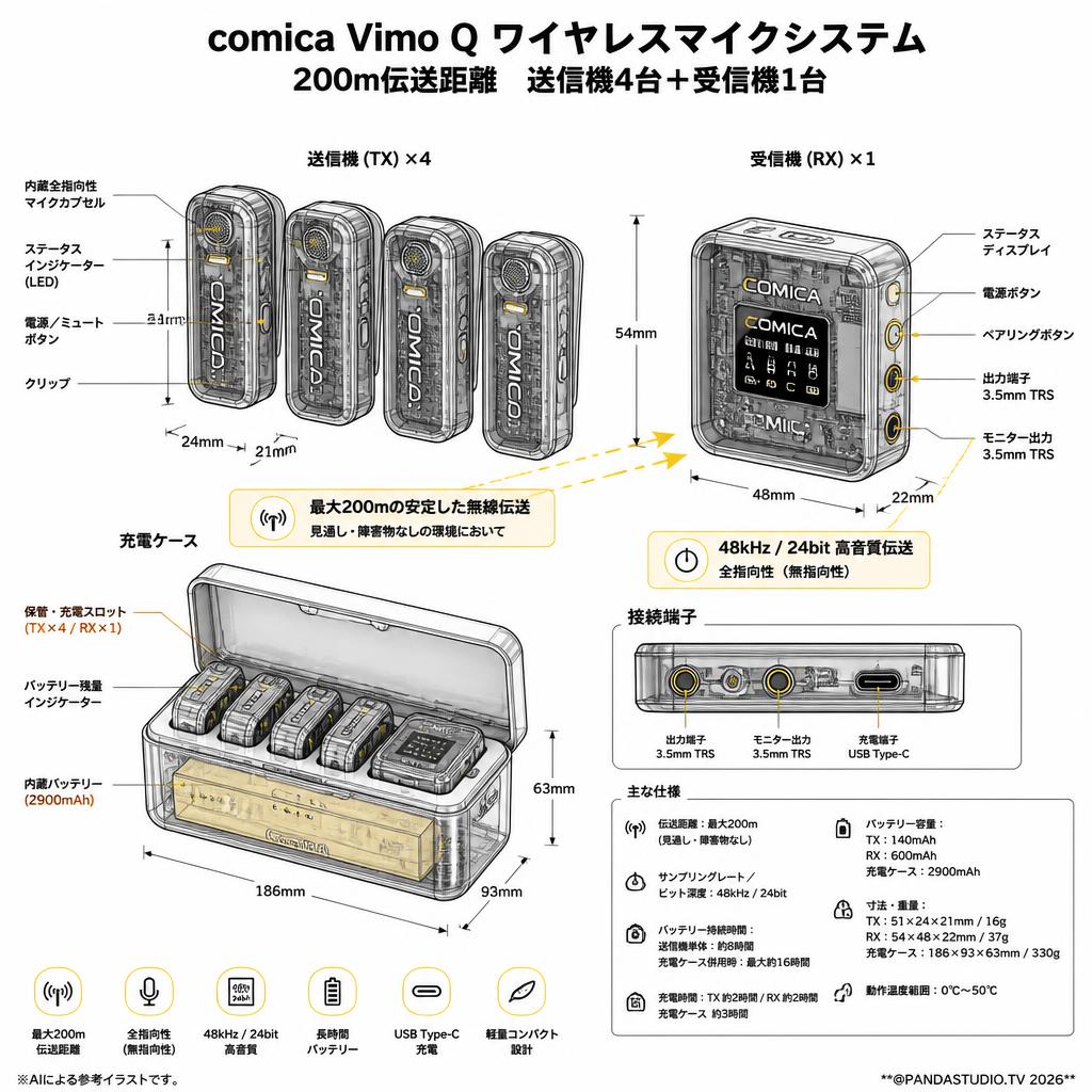 comica Vimo Q ワイヤレスマイクシステム 200m伝送距離  送信機4台+受信機1台 スペック