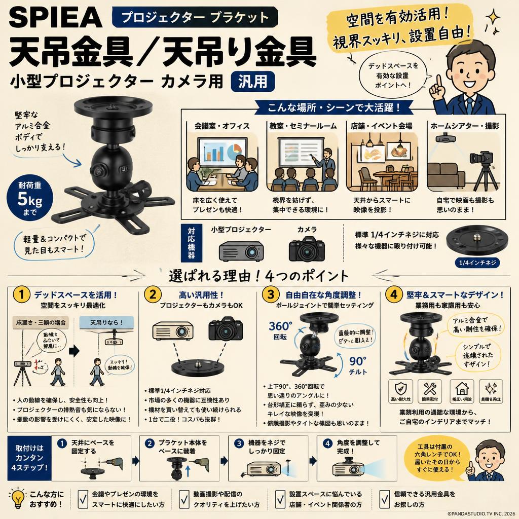 SPIEA プロジェクター ブラケット 天吊金具/天吊り金具 耐荷重5キロ 小型 プロジェクター カメラ用 汎用 概要